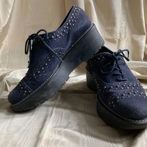 Stuart Weitzman  Zealous Blue Suede studded Platform Oxford Loafers